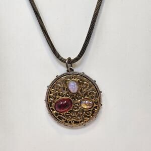 Round Open Work Glass Cabochon Pendant Mesh Chain Necklace Signed SR Two Tone